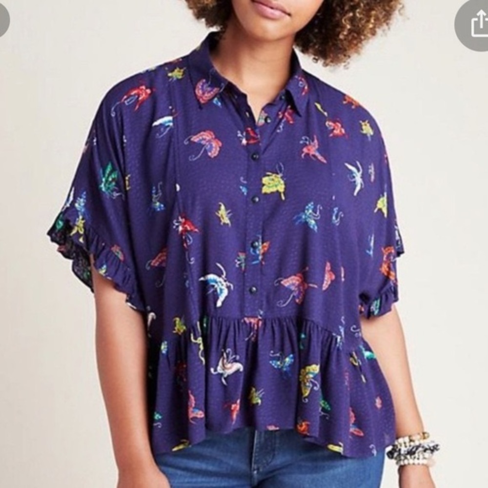 Maeve Anthropologie Mallory Blue Butterfly Blouse